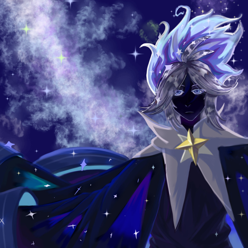 1boy blue_eyes blue_fire blue_hair blue_skin capelet colored_skin cookie_run cookie_run:_kingdom fire highres humanization light_blue_hair looking_at_viewer multicolored_hair short_hair solo space star_(symbol) stardust_cookie two-tone_hair white_capelet white_hair xinjinjumin4185498