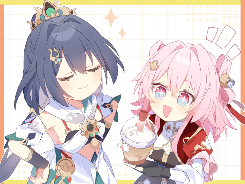 +_+ 2girls armpit_crease black_gloves blue_eyes bra bridal_gauntlets bubble_tea chinese_clothes closed_eyes closed_mouth cropped_jacket cup detached_collar detached_sleeves disposable_cup friends from_side gloves grey_hair hair_between_eyes hair_ornament hair_ribbon hairclip hands_on_own_hips hands_up headpiece highres honkai:_star_rail honkai_(series) jacket jewelry light_blush light_smile long_hair long_sleeves looking_up low_twintails march_7th_(honkai:_star_rail) march_7th_(hunt)_(honkai:_star_rail) milk_tea multicolored_background multicolored_clothes multicolored_eyes multiple_girls open_clothes open_jacket orange_background pendant pink_hair purple_eyes red_jacket ribbon shade short_hair short_sleeves shuangyaji smug spoken_sparkle standing stomach twintails underwear uwasewau white_background white_bra yellow_background yunli_(honkai:_star_rail)