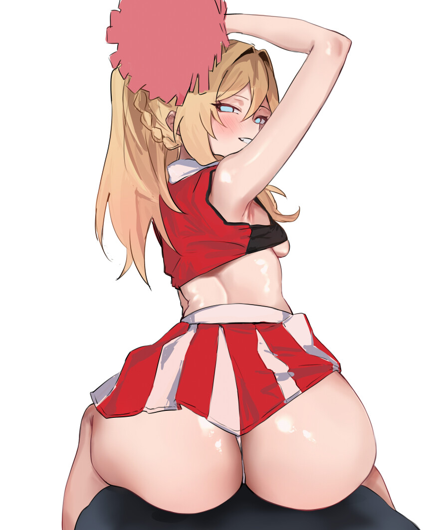 1girl absurdres alternate_costume ass blonde_hair blue_eyes braid durandal_(honkai_impact) durandal_(reign_solaris)_(honkai_impact) highres honkai_(series) honkai_impact_3rd imkay_3 looking_at_viewer looking_back side_ponytail simple_background single_braid smile white_background
