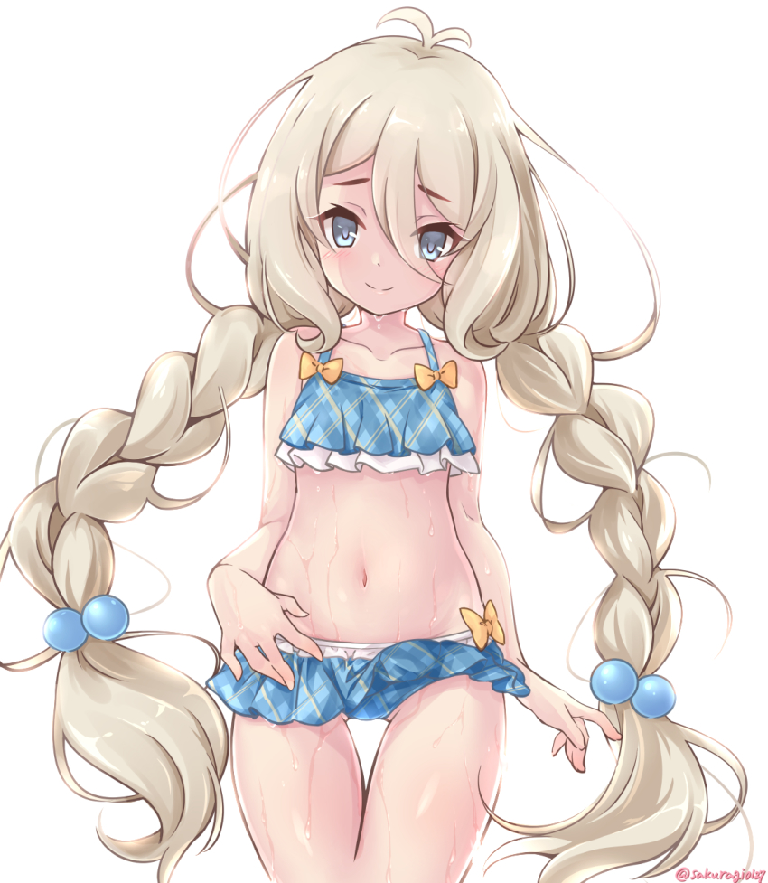 1girl ahoge bikini bikini_skirt blue_bikini blue_eyes blue_skirt braid brown_hair eyebrows gluteal_fold hair_bobbles hair_ornament hand_on_own_stomach highres kokkoro_(princess_connect!) kokkoro_(real)_(princess_connect!) long_hair microskirt navel princess_connect! sakuragi_yuuki skirt smile solo split_mouth swimsuit thigh_gap thighs twin_braids twintails very_long_hair wet wet_clothes