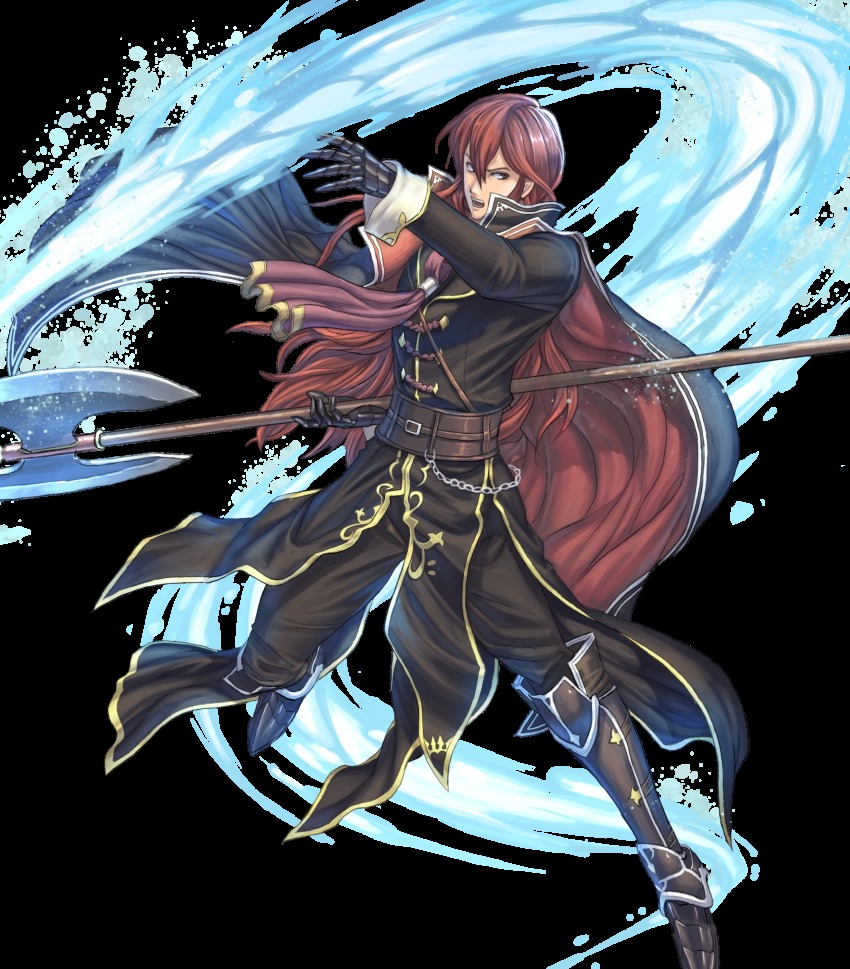 1boy armor armored_boots axe boots fire_emblem fire_emblem:_mystery_of_the_emblem fire_emblem_heroes full_body gloves highres izuka_daisuke long_hair male_focus misheil_(fire_emblem) nintendo official_art open_mouth red_eyes red_hair solo teeth transparent_background weapon
