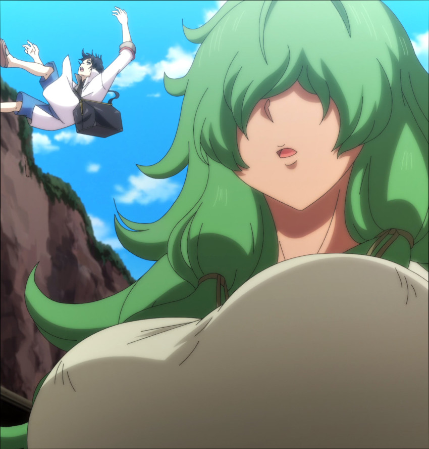 1boy 1girl breasts dione_nephilim giant giantess glenn_litbeit green_hair highres large_breasts monster_musume_no_oisha-san