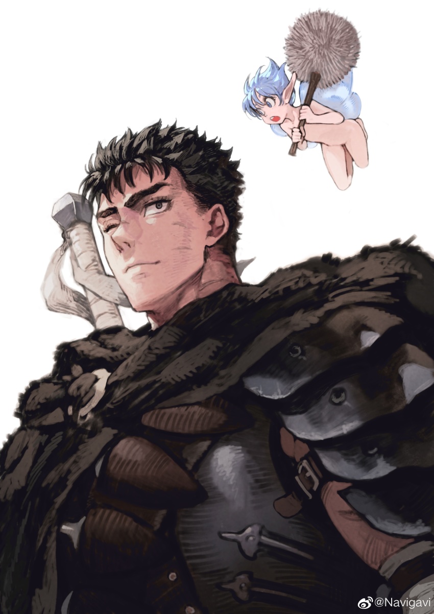 2boys absurdres berserk black_hair blue_eyes blue_hair collarbone completely_nude fairy_wings guts_(berserk) highres jun_(navigavi) multiple_boys nude one_eye_closed pointy_ears puck_(berserk) robe scar smile watermark weapon weapon_on_back weibo_watermark white_background wings