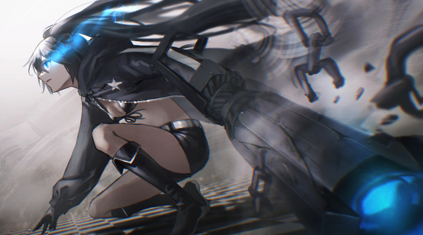 1girl absurdres bikini black_bikini black_gloves black_hair black_rock_shooter black_rock_shooter:_dawn_fall black_rock_shooter_(character) black_shorts blue_eyes boots breasts broken broken_chain chain from_side front-tie_bikini_top front-tie_top gloves highres holding holding_weapon jacket long_hair looking_away moduku open_clothes open_jacket short_shorts shorts small_breasts solo squatting star_(symbol) swimsuit twintails unzipped very_long_hair weapon