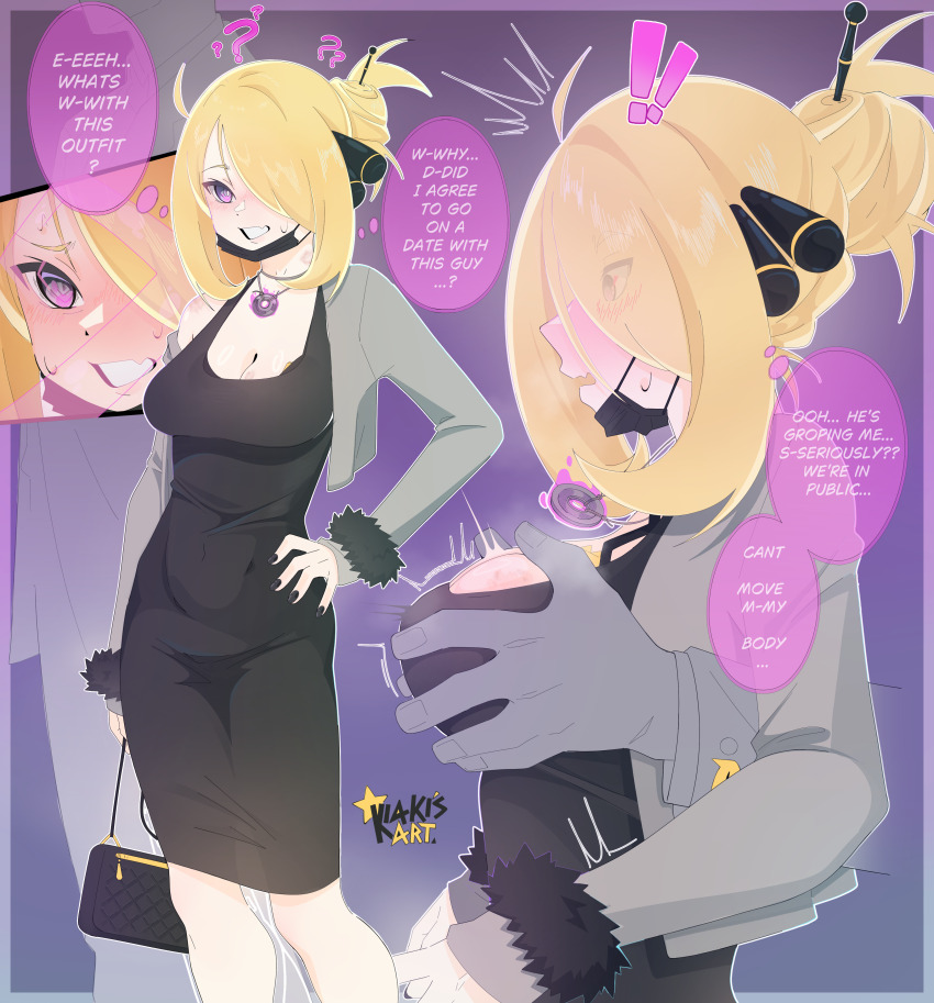 ! !! 1boy 1girl ? ?? absurdres alternate_breast_size alternate_costume bag black_bag black_dress blonde_hair blush body_control border breasts bright_pupils cleavage coin commentary covered_navel cynthia_(pokemon) dress english_text fang fur-trimmed_jacket fur_trim grabbing_another&#039;s_breast grey_jacket grin groping hair_ornament hair_stick handbag hetero highres holding holed_coin jacket jewelry kiakisart large_breasts mask mind_control mouth_mask multiple_views necklace nintendo open_clothes open_jacket pokemon pokemon_dppt purple_eyes skin_fang smile speech_bubble sweatdrop teeth thought_bubble white_pupils