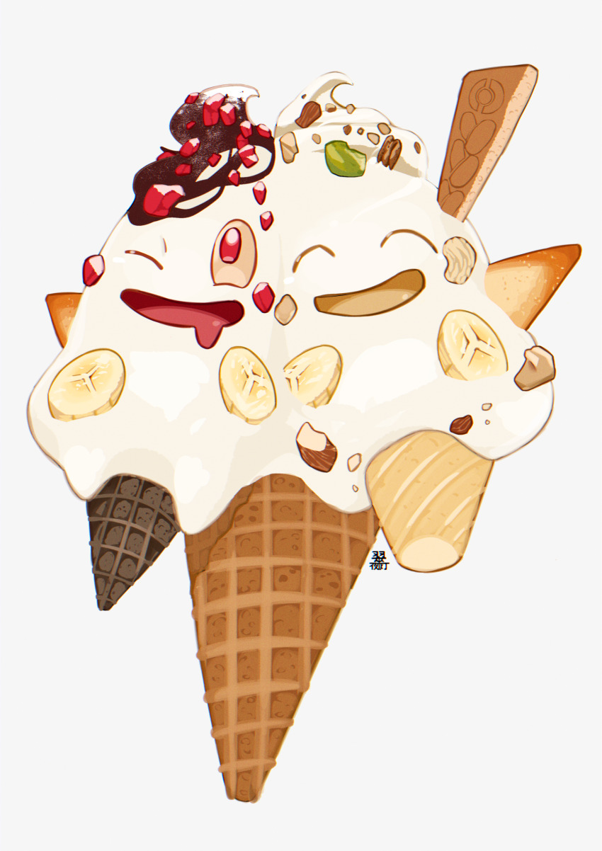 :d ^_^ absurdres closed_eyes commentary_request drooling food game_freak gen_5_pokemon happy highres ice_cream ice_cream_cone looking_up midori8_10 mouth_drool multiple_faces nintendo no_humans open_mouth pokemon pokemon_(creature) smile vanilluxe