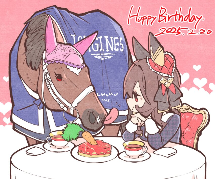 1girl animal_ears black_bow blanket bow bridle cake carrot casual chair commentary creature_and_personification cup dated ear_covers ear_ornament elbows_on_table english_commentary flying_spittle food gentildonna_(racehorse) gentildonna_(umamusume) hair_bow happy_birthday hat head_rest highres horse horse_ears horse_girl knit_hat licking napkin own_hands_together personification pink_hat real_life red_eyes saucer sitting table tablecloth takatsuki_nato tea teacup tongue tongue_out umamusume