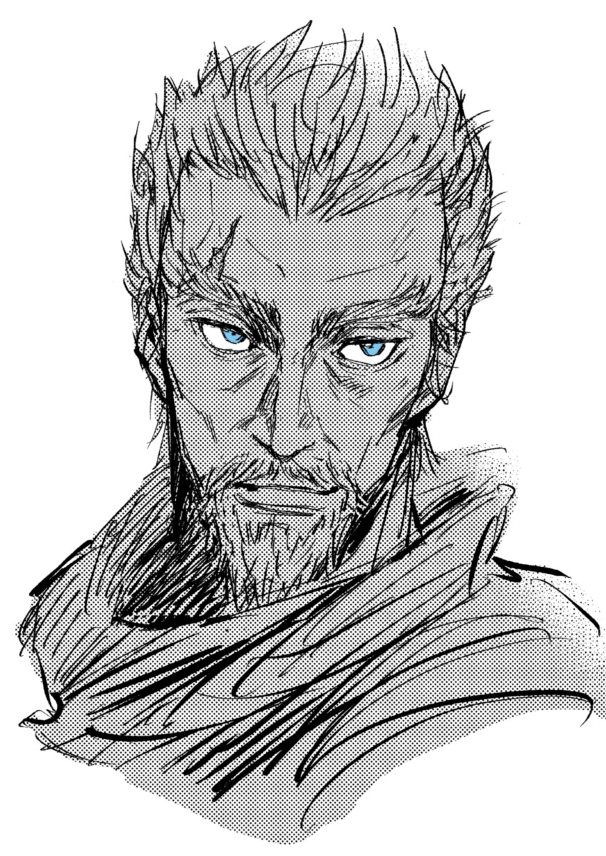 1boy absurdres aquiline_nose arifuji askeladd beard blue_eyes close-up closed_mouth facial_hair forehead greyscale hair_slicked_back hatching_(texture) highres linear_hatching male_focus mature_male monochrome mustache nose old old_man polka_dot portrait scar scar_on_face short_hair sketch solo spot_color upper_body vinland_saga white_background