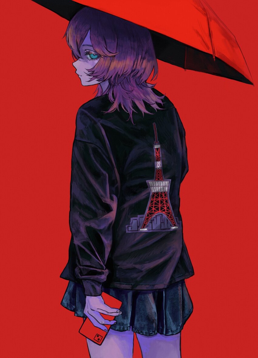 1girl absurdres aqua_eyes blue_skirt cellphone closed_mouth cowboy_shot fingernails from_behind hair_ornament half-closed_eyes highres holding holding_phone holding_umbrella jacket looking_at_viewer looking_back lui_n24 medium_hair original phone print_jacket purple_hair purple_jacket red_background red_umbrella simple_background skirt smartphone solo tokyo_tower umbrella