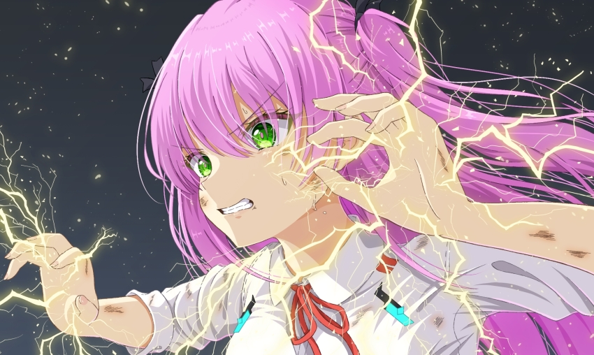 1girl aikawa_megumi bruise collared_shirt commentary_request electricity electrokinesis green_eyes grin hands_up heaven_burns_red highres injury long_hair mochimugi_rice neck_ribbon pink_hair red_ribbon ribbon school_uniform shirt smile solo sweat teeth two_side_up v-shaped_eyebrows white_shirt
