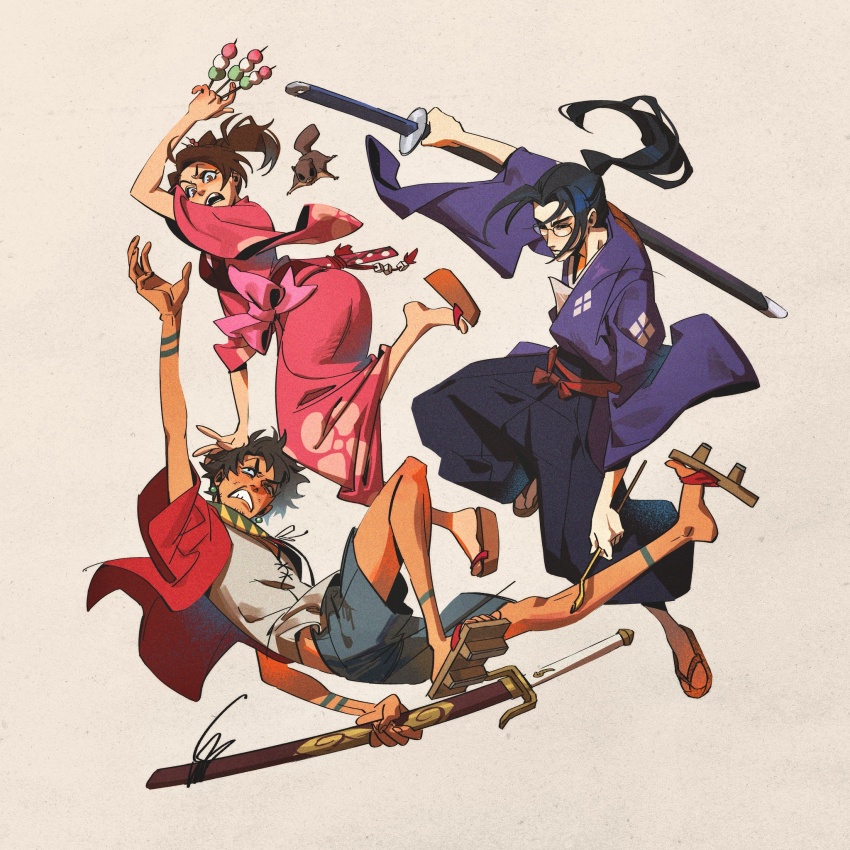1girl 2boys black_hair brown_hair clenched_teeth commentary dango english_commentary falling food fuu_(samurai_champloo) geta haddockkkk hakama highres holding holding_sword holding_weapon japanese_clothes jinnosuke kimono momo_(samurai_champloo) mugen_(samurai_champloo) multiple_boys obi pink_kimono ponytail samurai_champloo sash shorts sword teeth wagashi weapon