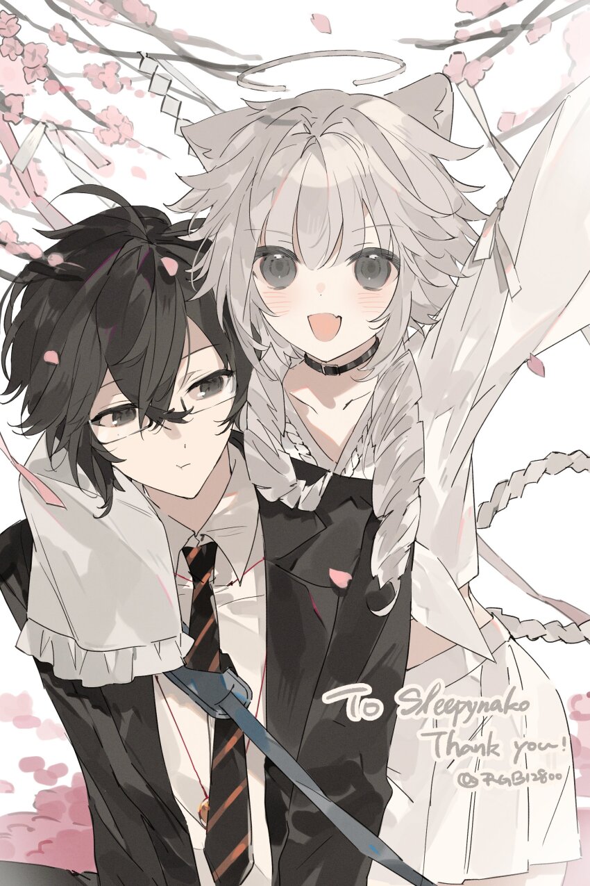 1boy 1girl absurdres animal_ears arm_on_another&#039;s_shoulder arm_up black_hair braid branch cherry_blossoms choker collared_shirt drill_hair fang frills glasses grey_eyes grey_hair hair_between_eyes highres jacket long_hair long_sleeves looking_at_viewer necktie open_clothes open_jacket open_mouth original pleated_skirt rgb12800 school_uniform shirt short_hair skirt sleeves_past_fingers sleeves_past_wrists smile striped_necktie white_shirt