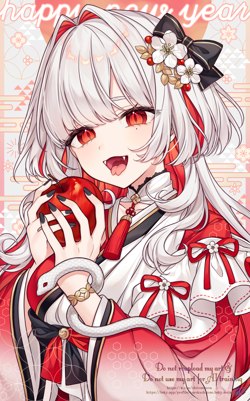 1girl animal apple black_nails breasts chinese_zodiac commentary_request egasumi english_text fangs food forked_tongue fruit grey_background grey_hair hair_intakes happy_new_year highres holding holding_food japanese_clothes karokuchitose kimono long_hair long_sleeves looking_at_viewer medium_breasts multicolored_hair nail_polish nengajou new_year open_mouth original red_hair red_kimono snake solo tongue tongue_out two-tone_hair upper_body watermark white_snake wide_sleeves year_of_the_snake