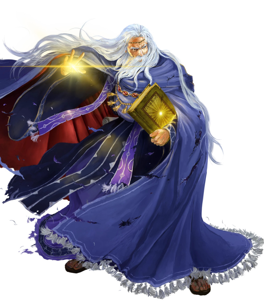 1boy athos_(fire_emblem) beard blue_robe book circlet damaged facial_hair fire_emblem fire_emblem:_the_blazing_blade fire_emblem_heroes full_beard grey_hair highres holding holding_book long_beard long_hair nintendo non-web_source old old_man robe sandals soeda_ippei solo torn_clothes torn_robe very_long_hair wrinkled_skin