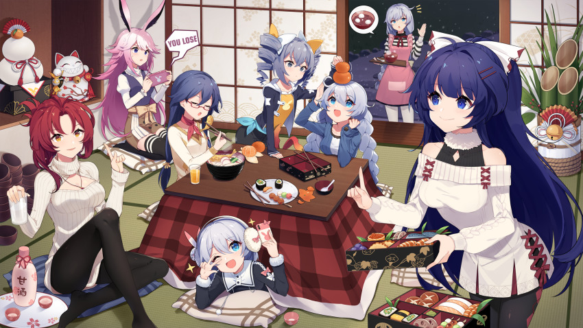 6+girls ahoge alcohol animal_ears apron bare_shoulders black_legwear blue_eyes blue_hair blush bottle bow braid breasts bronya_zaychik casual chopsticks cleavage cleavage_cutout closed_mouth clothing_cutout commentary_request cup cushion dango dress drill_hair earmuffs food food_on_head fox_ears fruit fruit_on_head fu_hua fur_trim grin hair_between_eyes hair_bow hair_ornament hairband hand_up handheld_game_console happy_new_year highres holding holding_chopsticks holding_cup holding_handheld_game_console holding_tray honkai_(series) honkai_impact_3rd index_finger_raised jacket jewelry kadomatsu kagami_mochi kallen_kaslana kiana_kaslana kotatsu large_breasts logo long_hair looking_at_viewer low_ponytail mandarin_orange maneki-neko medium_breasts multiple_girls murata_himeko necklace new_year object_on_head open_mouth osechi pantyhose parted_lips pink_hair plate playing_games ponytail raiden_mei ribbed_sweater sake_bottle saucer seiza sharlorc shirt shiruko_(food) shouji side_braid sidelocks silver_hair sitting sliding_doors small_breasts smile sparkle spoken_food sushi sweater sweater_dress table tatami theresa_apocalypse thighhighs tray turtleneck twin_braids twin_drills very_long_hair wagashi watermark white_legwear yae_sakura zabuton