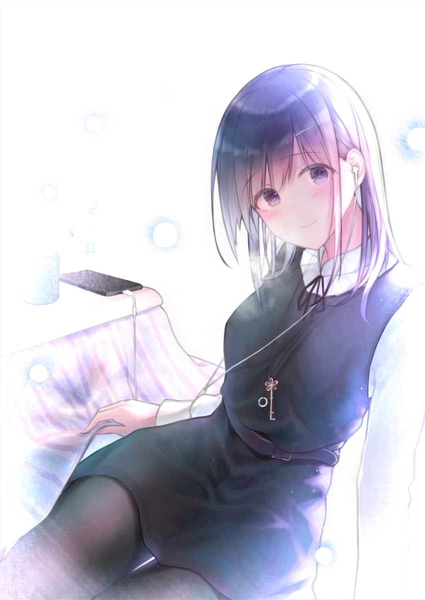 1girl absurdres arm_support beamed_eighth_notes belt black_dress black_pantyhose black_ribbon blush cellphone closed_mouth commentary_request cup dress drinking_glass earphones eighth_note female_focus hair_ornament hairclip head_tilt highres kayakooooo key kotatsu long_hair long_sleeves musical_note neck_ribbon original pantyhose phone pinafore_dress purple_eyes purple_hair quarter_note ribbon shirt sidelocks simple_background sitting sleeveless sleeveless_dress smartphone smile solo table thigh_gap white_background white_shirt
