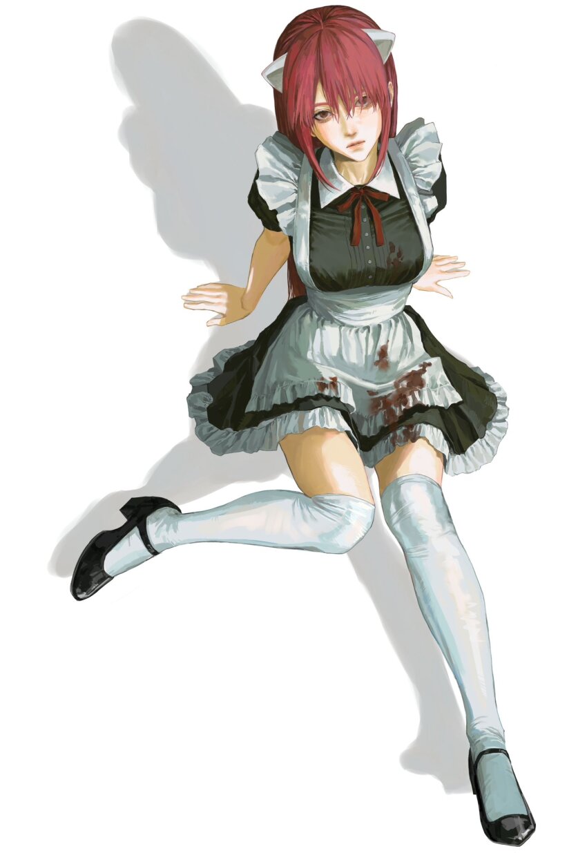 1girl alternate_costume apron arm_support black_shoes blood blood_on_clothes brown_eyes dress elfen_lied enmaided frilled_apron frilled_dress frills full_body highres horns lucy_(elfen_lied) maid maid_apron mary_janes neck_ribbon nk_6fal nyuu over-kneehighs puffy_short_sleeves puffy_sleeves red_hair red_ribbon ribbon shadow shoes short_sleeves sitting solo thighhighs white_apron white_thighhighs zettai_ryouiki