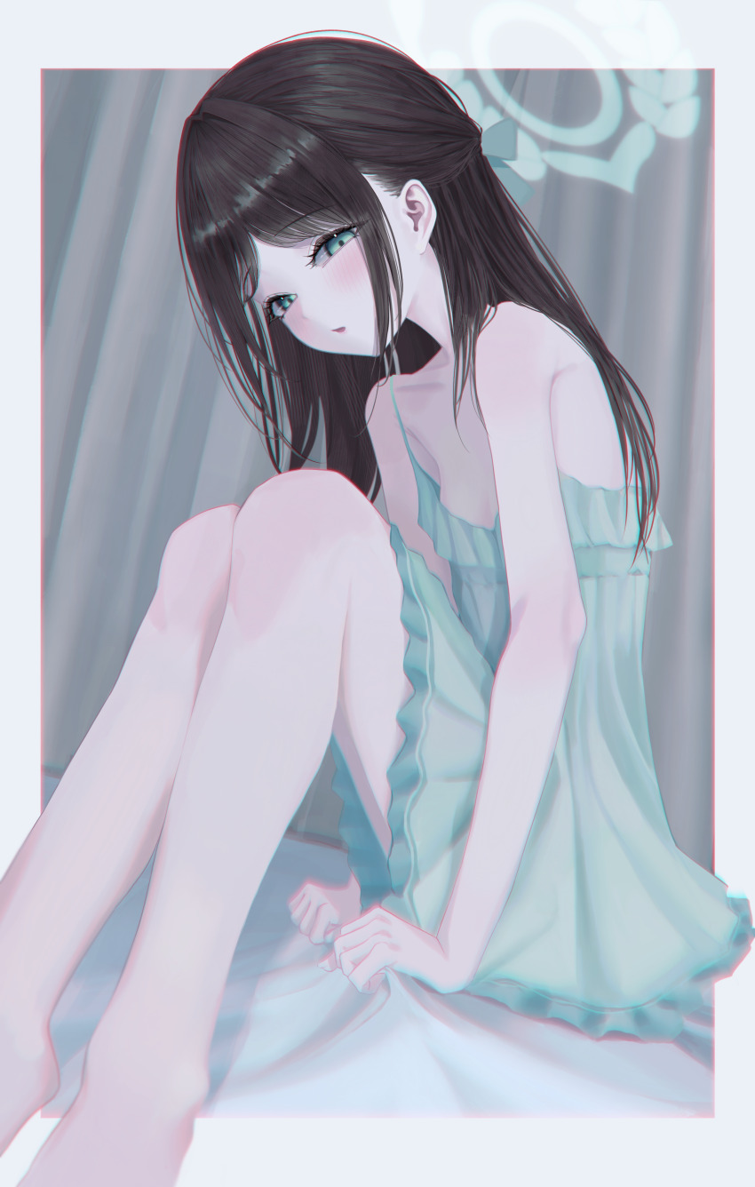 1girl absurdres airi_(blue_archive) alternate_costume bare_arms bare_legs bare_shoulders blue_archive blush breasts brown_hair collarbone dress green_dress green_eyes highres long_hair looking_at_viewer oekaki_siro open_mouth parted_bangs sidelocks sleeveless sleeveless_dress small_breasts solo