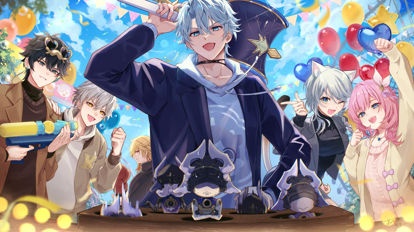 2girls 4boys absurdres animal_ears balloon black_hair black_sweater blue_eyes blue_jacket blue_sky brown_jacket brown_vest caelus_(honkai:_star_rail) cat_ears cat_girl cat_tail cipher_(honkai:_star_rail) commentary_request cyrene_(aedes_elysiae)_(honkai:_star_rail) cyrene_(honkai:_star_rail) dan_heng_(honkai:_star_rail) grey_hair hammer heart_balloon highres holding holding_hammer holding_water_gun honkai:_star_rail honkai_(series) jacket lygus_(honkai:_star_rail) multiple_boys multiple_girls mydei_(honkai:_star_rail) open_mouth phainon_(honkai:_star_rail) pink_hair pink_sweater short_hair sky sweater tail trailblazer_(honkai:_star_rail) vest water_gun whac-a-mole white_hair xxchicoxxf