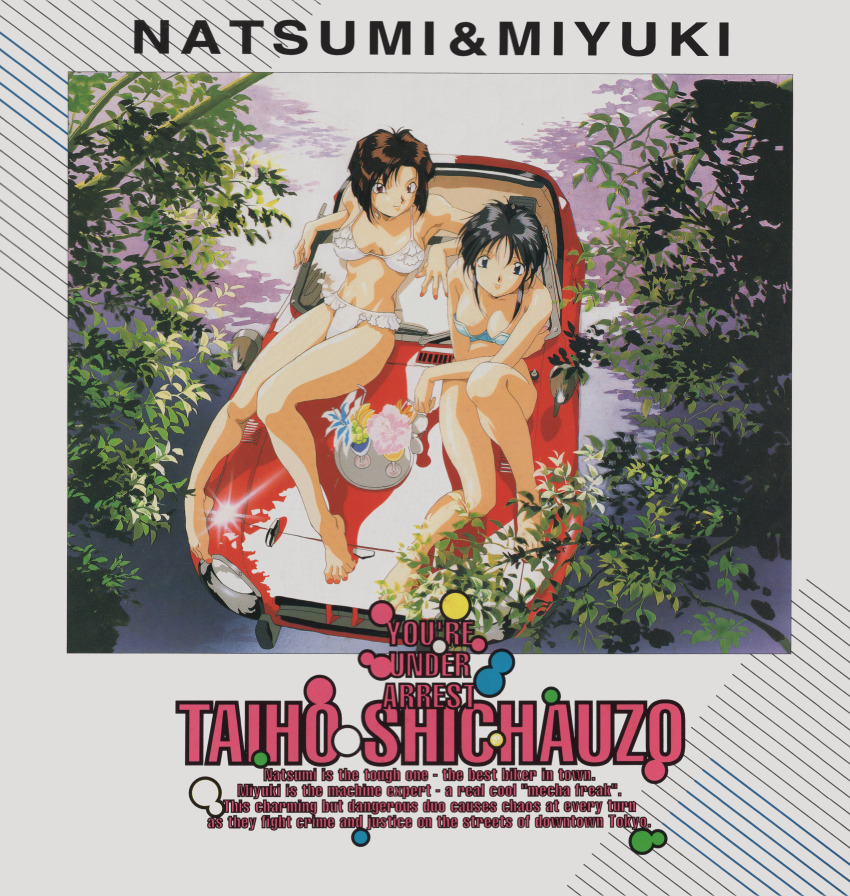 absurdres bikini black_hair blue_eyes brown_eyes brown_hair car feet highres kobayakawa_miyuki motor_vehicle official_art scan short_hair summer swimsuit taiho_shichauzo tsujimoto_natsumi