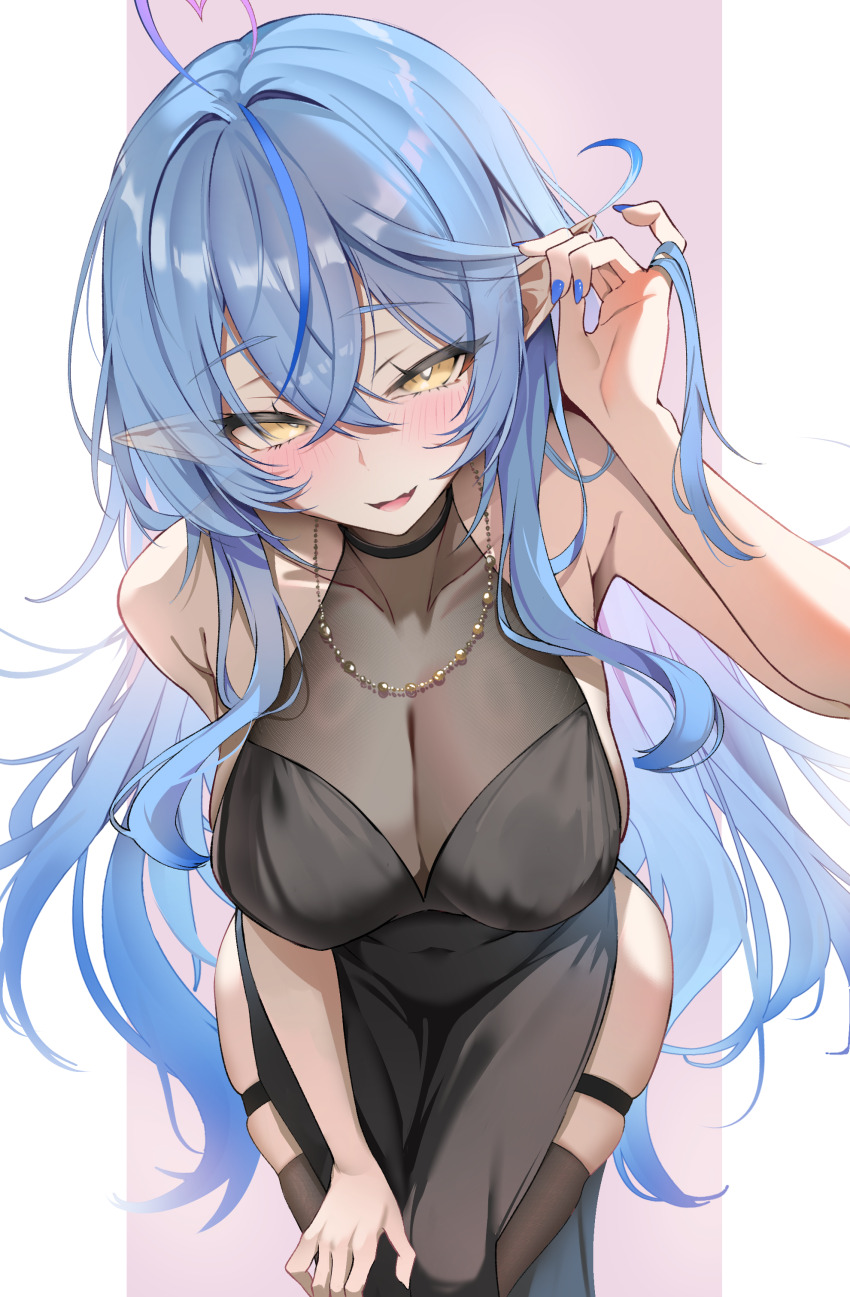 1girl :d absurdres ahoge bare_arms blue_hair breasts cleavage colored_tips commentary_request covered_navel crossed_bangs double-parted_bangs dress elf hair_between_eyes halter_dress halterneck hand_up heart heart_ahoge highres hololive jewelry large_breasts leaning_forward long_hair looking_at_viewer multicolored_hair necklace omoti_(1201208) open_mouth pointy_ears see-through_cleavage see-through_clothes side_slit sidelocks sleeveless sleeveless_dress smile solo streaked_hair thigh_strap thighhighs very_long_hair virtual_youtuber yellow_eyes yukihana_lamy