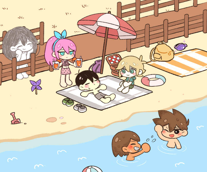 2girls 4boys alternate_costume alternate_hairstyle antenna_hair aqua_eyes aubrey_(faraway)_(omori) aubrey_(omori) backpack bag ball bare_arms barefoot basil_(faraway)_(omori) basil_(omori) beach beach_towel beach_umbrella beachball black_eyes black_hair blue_hairband blush bright_pupils brother_and_sister brothers brown_hair chibi chibi_only closed_eyes closed_mouth colored_skin cup dark-skinned_male dark_skin dress drinking_straw facing_another fence food fruit full_body green_eyes green_jacket green_male_swimwear grey_male_swimwear grin hair_behind_ear hair_between_eyes hairband hand_fan hands_on_own_face hero_(faraway)_(omori) hero_(omori) high_ponytail highres holding holding_cup hood hooded_jacket jacket juice kel_(faraway)_(omori) kel_(omori) kireso_majide looking_at_another male_swimwear mari_(faraway)_(omori) mari_(omori) multicolored_umbrella multiple_boys multiple_girls navel neck_ribbon omocat_(style) omori one_eye_closed open_clothes open_jacket open_mouth orange_(fruit) orange_bag orange_juice orange_slice outdoors paper_fan parody picnic_basket pink_ribbon pink_skirt pink_top polka_dot polka_dot_skirt polka_dot_swimsuit ponytail purple_bag red_umbrella ribbon sand seashell shell shoes short-sleeved_jacket short_sleeves shovel siblings skirt smile sparkle spirit splashing spoilers standing style_parody sunny_(omori) sweatdrop swim_trunks swimsuit topless_male towel tube umbrella white_dress white_pupils white_skin white_umbrella
