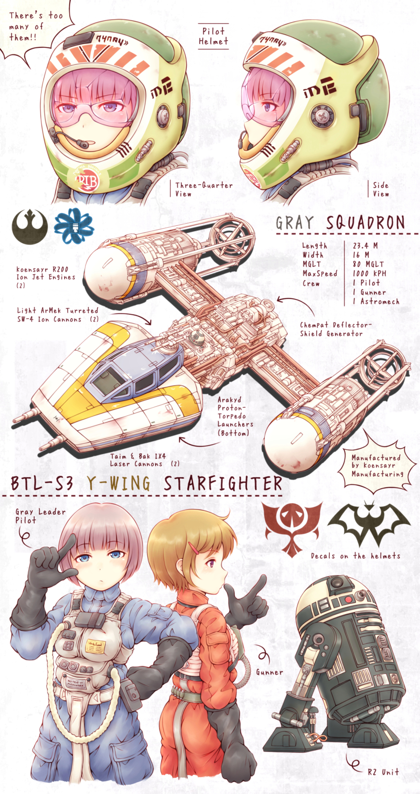2girls absurdres animification astromech_droid black_gloves blue_eyes brown_hair english_text finger_gun gloves hair_behind_ear helmet highres looking_at_viewer multiple_girls nosh pilot_suit pointing purple_eyes purple_hair rebel_alliance_(star_wars) rebel_pilot_(star_wars) robot science_fiction short_hair spacecraft star_wars starfighter y-wing