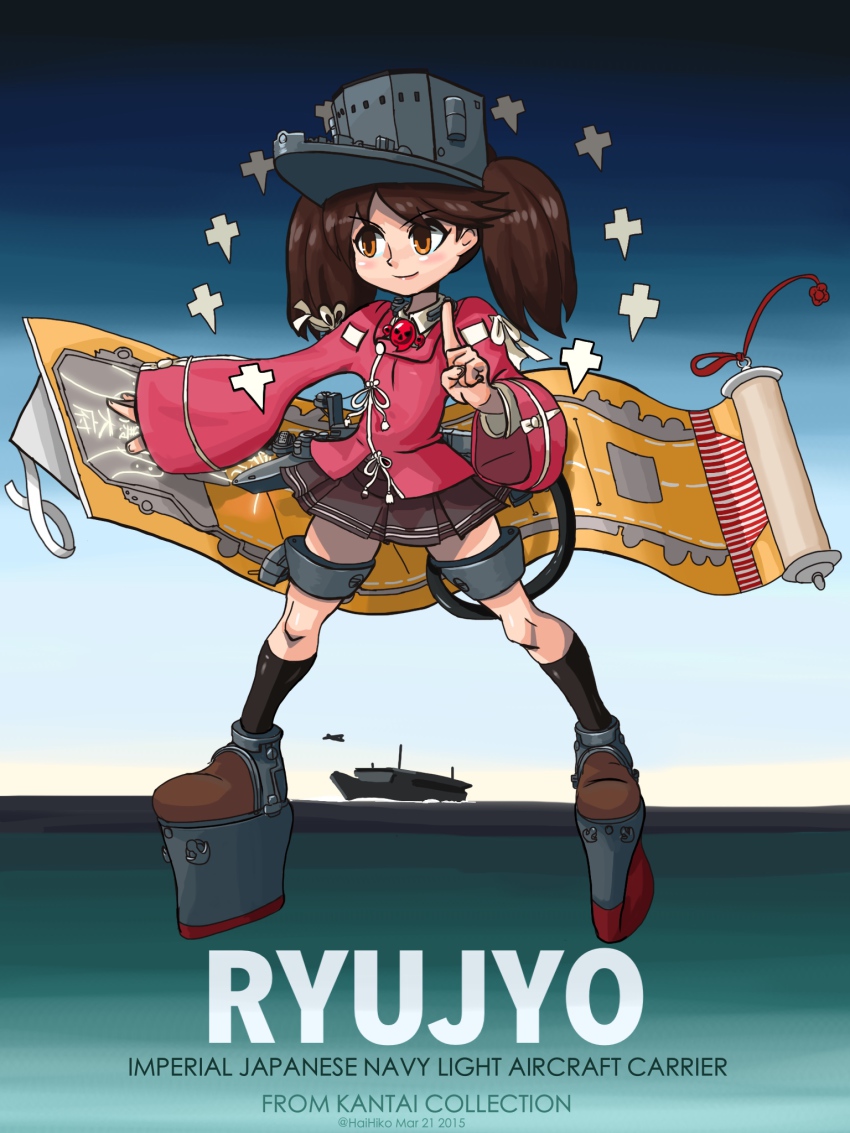 10s 1girl alex_ahad_(style) black_socks dated english_text flight_deck hai_to_hickory highres japanese_clothes kantai_collection kariginu kneehighs magatama ryuujou_(kancolle) scroll shikigami socks twitter_username visor_cap
