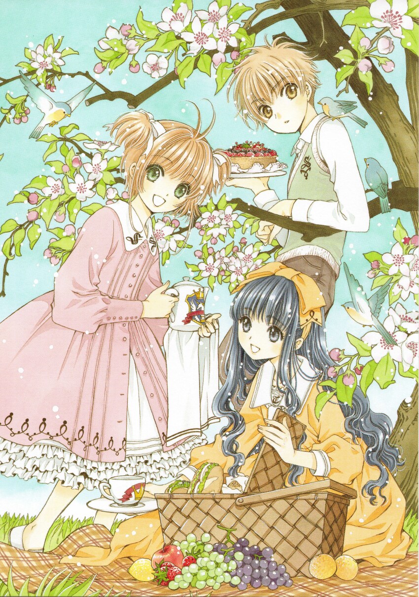 1boy 2girls absurdres apple bird bread cake cardcaptor_sakura child clamp_(circle) cup daidouji_tomoyo dress food fruit grapes grass highres kinomoto_sakura li_syaoran multiple_girls official_art open_mouth pink_dress teacup tree