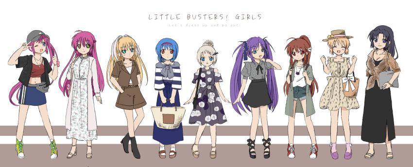 6+girls :d ;d ^_^ ahoge alternate_costume alternate_hairstyle arm_at_side arms_at_sides bat_hair_ornament black_dress black_hair black_skirt blonde_hair blue_eyes blue_hair blue_ribbon blue_skirt braid breasts brown_hair brown_shirt casual cleavage closed_eyes commentary_request copyright_name cross cross_necklace denim denim_shorts dress english_text everyone facing_viewer floating_hair floral_print french_braid full_body futaki_kanata grey_shirt hair_bun hair_ornament hair_ribbon hand_in_pocket hat_ornament highres jewelry kamikita_komari kurugaya_yuiko large_breasts little_busters! long_hair long_skirt looking_at_viewer multiple_girls natsume_rin necklace nishizono_mio noumi_kudryavka off-shoulder_dress off_shoulder one_eye_closed open_mouth orange_eyes pencil_skirt purple_eyes purple_hair red_eyes ribbon saigusa_haruka sasasegawa_sasami shirt short_hair shorts side_ponytail simple_background single_hair_bun skirt smile standing star_(symbol) star_hat_ornament tokido_saya twintails v v_over_eye very_long_hair wasabi11060612 white_background white_dress white_ribbon white_shirt yellow_dress yellow_eyes