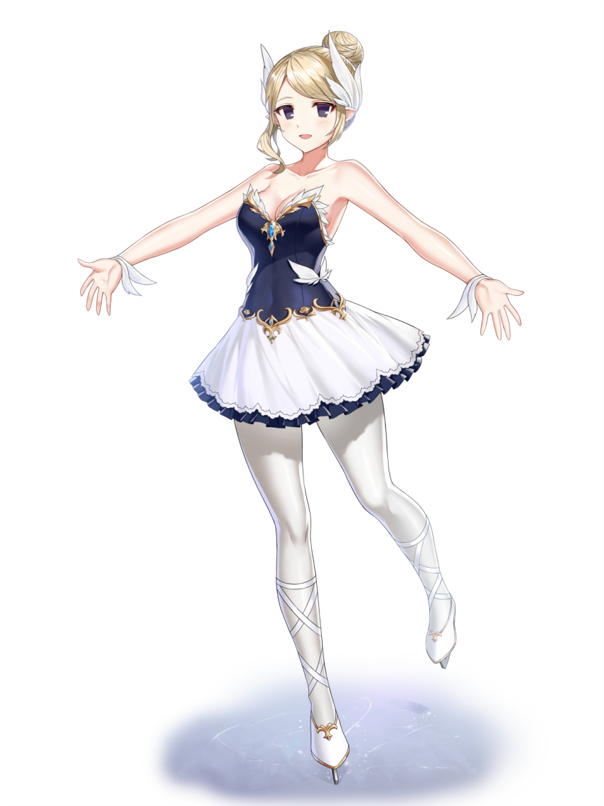 1girl :d alternate_hair_color bare_arms bare_shoulders blonde_hair blue_dress breasts cleavage closers collarbone dress feather_hair_ornament feathers figure_skating figure_skating_dress frilled_dress frills full_body fur_wrist_cuffs hair_bun hair_ornament highres ice ice_skates ice_skating leg_ribbon leg_up levia_(closers) looking_at_viewer medium_breasts no_pupils official_art open_mouth outstretched_arms pantyhose purple_eyes ribbon short_dress skates skating smile solo spread_arms standing standing_on_one_leg strapless strapless_dress two-tone_dress white_background white_dress white_feathers white_footwear white_pantyhose white_ribbon white_wrist_cuffs wrist_cuffs