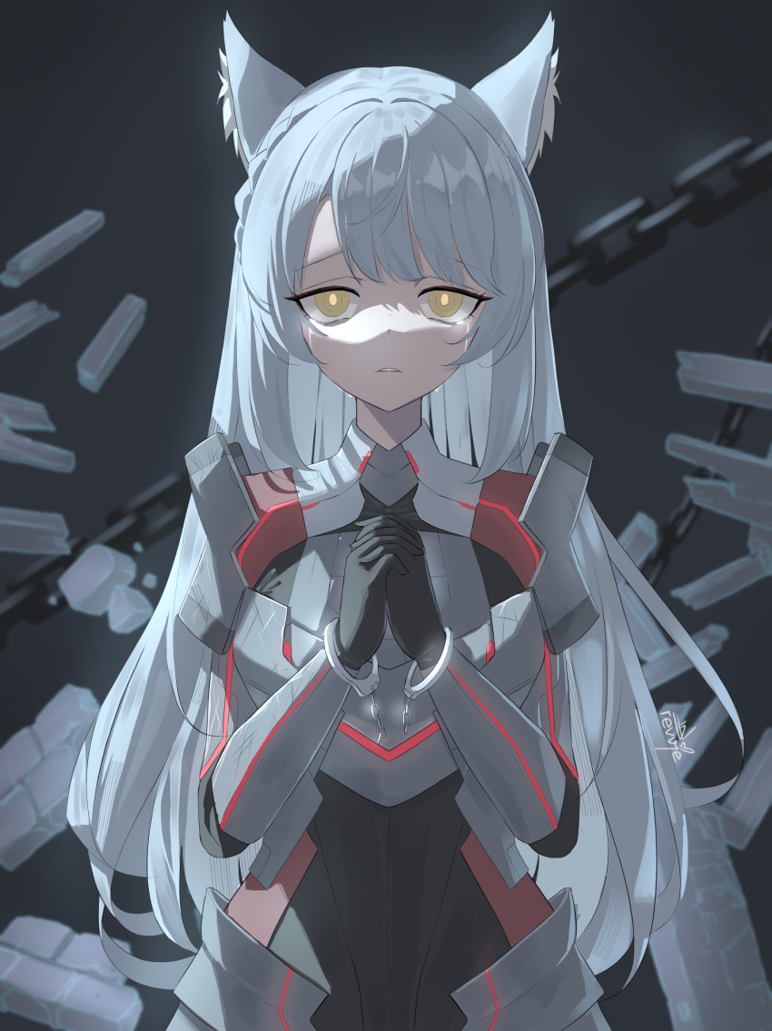 1girl animal_ears armor black_background black_bodysuit black_gloves bodysuit broken_handcuffs cat_ears cat_girl chain commentary crying cuffs empty_eyes furrowed_brow gloves grey_hair handcuffs highres long_hair looking_at_viewer m_(xenoblade) own_hands_clasped own_hands_together red_bodysuit revvie sad solo standing straight-on streaming_tears tears two-tone_bodysuit upper_body xenoblade_chronicles_(series) xenoblade_chronicles_3 yellow_eyes yellow_pupils
