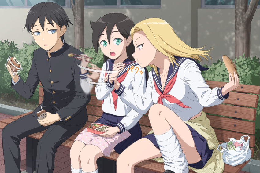 1boy 2girls afterimage aged_down bag bags_under_eyes bench black_hair black_jacket black_pants blonde_hair blue_eyes blue_sailor_collar blue_skirt breasts bush buttons carton chopsticks cleavage commentary_request commission convenient_leg drinking_straw earrings eating food food_request food_theft furoshiki gakuran green_eyes hair_between_eyes holding holding_chopsticks holding_food holding_juice_box ichikawa_masahiro jacket jewelry juice_box knee_up kuroki_tomoko&#039;s_father kuroki_tomoko&#039;s_mother long_hair long_sleeves looking_at_another loose_socks miniskirt motion_blur motion_lines multiple_girls neckerchief on_bench open_mouth outdoors pants pleated_skirt red_eyes red_neckerchief sailor_collar school_uniform serafuku shirt short_hair sitting skeb_commission skirt socks surprised sweater watashi_ga_motenai_no_wa_dou_kangaetemo_omaera_ga_warui! white_shirt white_socks wooden_bench yellow_sweater yoshida_masaki&#039;s_mother