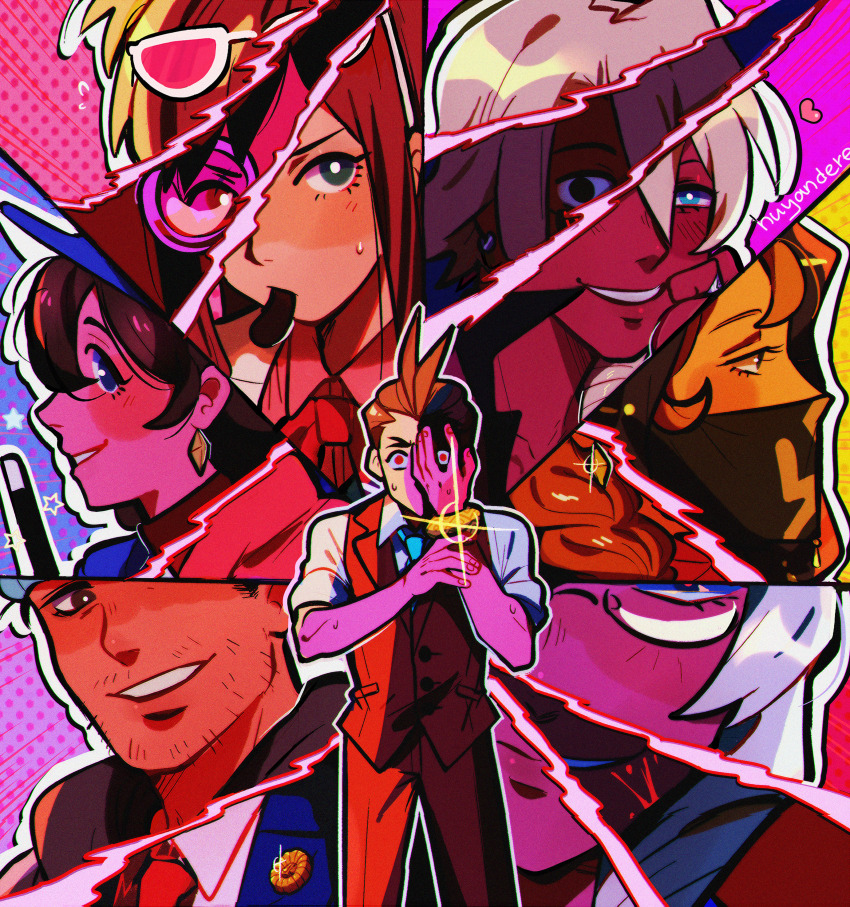 absurdres ace_attorney antenna_hair apollo_justice apollo_justice:_ace_attorney aqua_necktie black_hair blonde_hair blue_necktie brown_hair dark-skinned_male dark_skin diamond_earrings earrings ema_skye eyewear_on_head formal_clothes glasses hat highres huyandere jewelry klavier_gavin kristoph_gavin lamiroir_(ace_attorney) long_hair magician male_focus mouth_veil multiple_boys multiple_girls necktie pants phoenix_wright red_pants red_suit red_vest short_hair sleeves_rolled_up smile suit top_hat trucy_wright veil vest