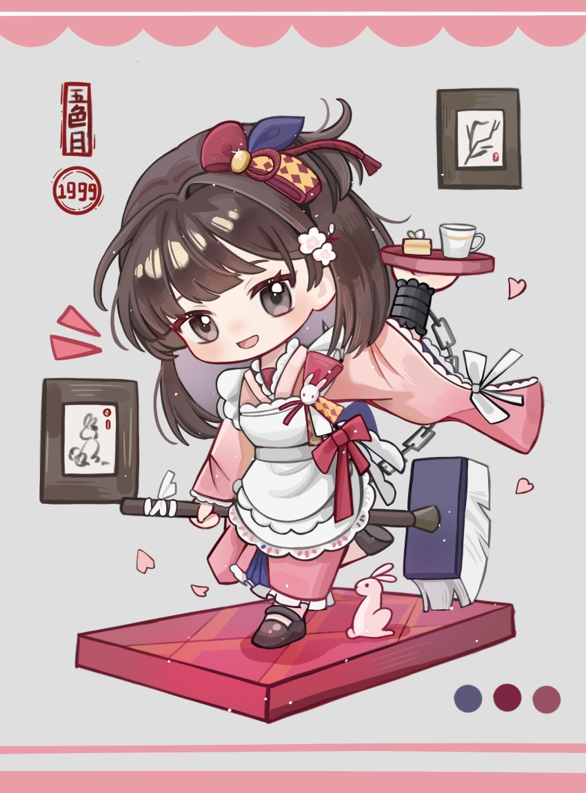 1girl :d apron arm_up black_shoes bob_cut bow broom brown_eyes brown_hair cake chain chibi cuffs cup elgyuli food frilled_apron frills full_body grey_background hair_bow highres holding holding_broom holding_tray japanese_clothes kimono leg_up looking_at_viewer maid mary_janes open_mouth painting_(object) picture_frame pink_kimono procreate_(medium) rabbit reverse:1999 satsuki_(reverse:1999) shoes short_hair smile solo tray wa_maid walking white_apron wide_sleeves