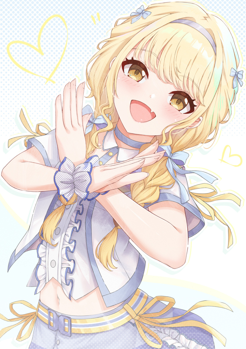 1girl agiri_(agiri_box) blonde_hair blush center_frills commentary cropped_jacket cropped_shirt fang frilled_wristband frills fujita_kotone gakuen_idolmaster hair_ribbon heart highres idolmaster looking_at_viewer midriff navel ribbon sekaiichi_kawaii_watashi_(idolmaster) skin_fang smile solo v_arms yellow_eyes