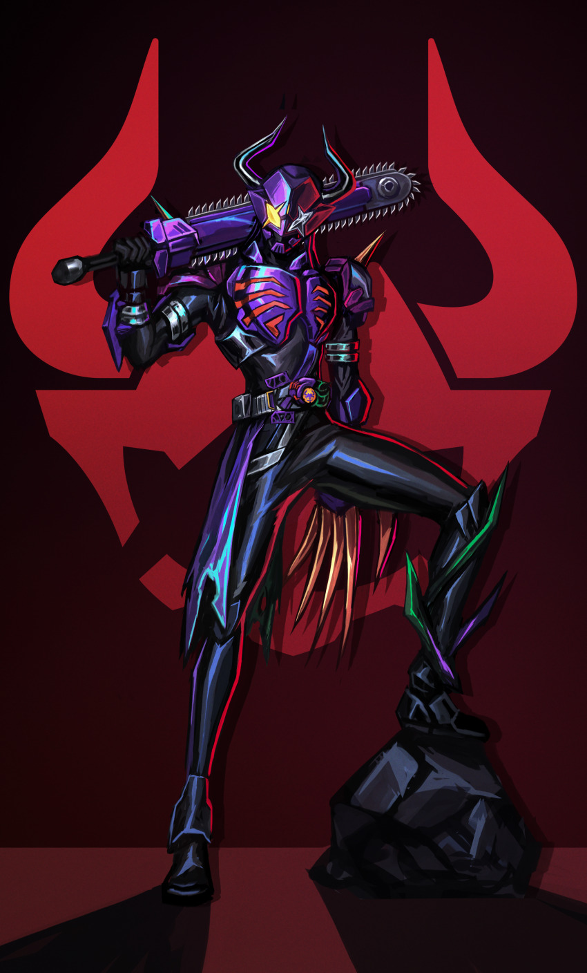 1boy 3ok absurdres black_background black_bodysuit black_boots black_gloves bodysuit boots buffalo bull cape chainsaw claw_(weapon) cowboy_shot crack desire_driver gloves highres horns imminent_hit jamato_buckle kamen_rider kamen_rider_buffa kamen_rider_geats_(series) knee_spikes logo long_hair looking_at_viewer male_focus mechabare mechanical_hands multicolored_hair plant purple_hair purple_scarf raise_buckle redesign scarf shadow shoulder_spikes single_mechanical_hand spikes stylistic tokusatsu torn_cape torn_clothes vines weapon yellow_eyes zombie_breaker zombie_buckle