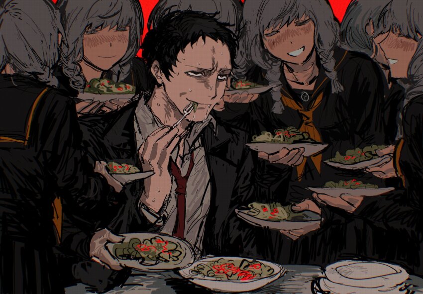 192_saioma 6+boys adachi_tooru black_eyes black_hair black_jacket black_sailor_collar blush bowl braid clone closed_eyes collared_shirt crossdressing eating food fork grey_eyes grey_hair highres holding holding_bowl holding_fork jacket long_sleeves multiple_boys narukami_yu neckerchief necktie nose_blush open_clothes open_jacket orange_neckerchief persona persona_4 red_background red_necktie sailor_collar salad saliva school_uniform serafuku shirt sweat trap twin_braids yaoi