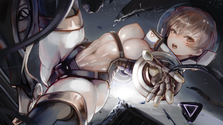 1girl absurdres blush bodysuit breasts brown_eyes brown_hair commentary covered_erect_nipples covered_navel foot_out_of_frame gluteal_fold hair_between_eyes helmet highres looking_at_viewer medium_breasts open_mouth original outdoors reaching reaching_towards_viewer science_fiction see-through_clothes short_hair soleil_(soleilmtfbwy03) solo space space_helmet spacesuit teeth thick_thighs thighs tongue upper_teeth_only