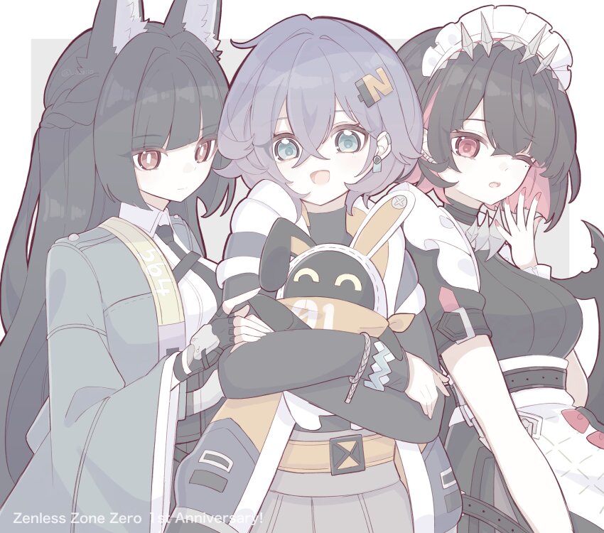 3girls absurdres animal_ears aqua_jacket bangboo_(zenless_zone_zero) belle_(zenless_zone_zero) black_dress black_necktie blue_hair blunt_bangs collared_shirt colored_inner_hair crossed_bangs dress ellen_joe eous_(zenless_zone_zero) fins fish_tail fox_ears fox_girl green_eyes green_jacket hair_ornament highres holding hood hooded_jacket hoshimi_miyabi jacket letter_hair_ornament maid maid_headdress mole mole_under_eye multicolored_hair multiple_girls necktie one_eye_closed red_eyes shark_girl shark_tail shirt smile spiked_headband tail upper_body white_shirt zenless_zone_zero zzzii0