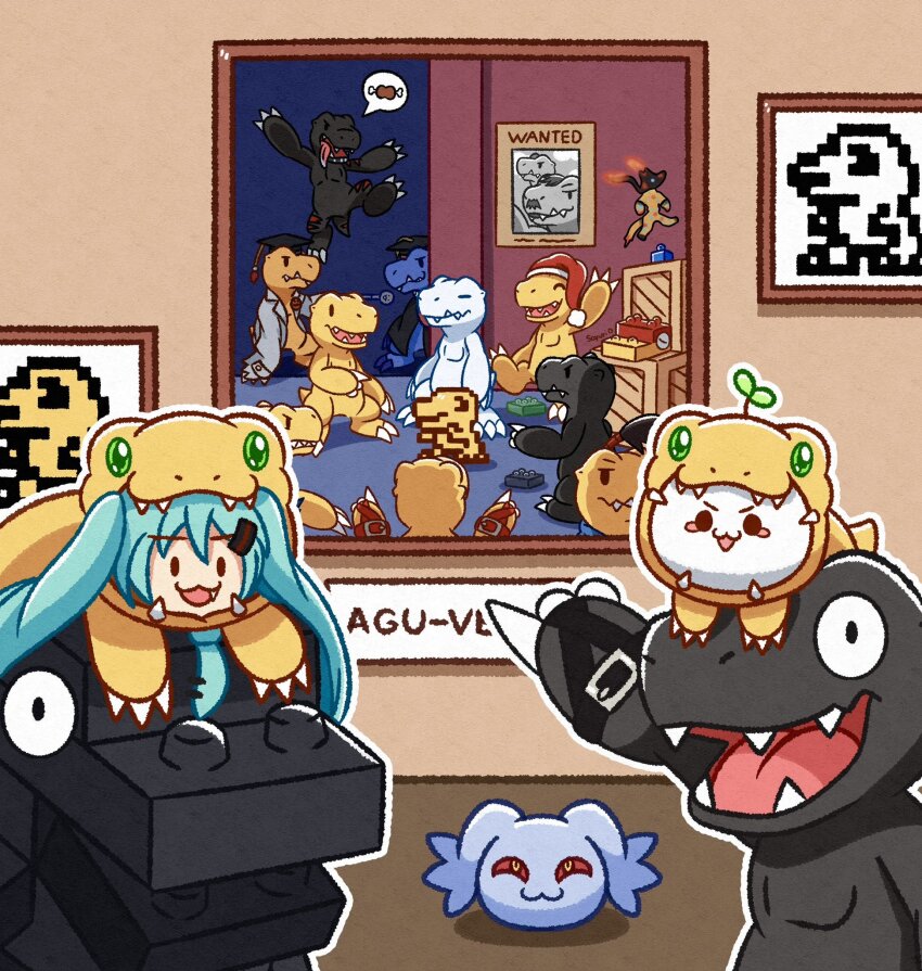agumon agumon_(black) agumon_(black)_(digimon_savers) agumon_(black)_x-antibody agumon_(cosplay) agumon_(digimon_savers) agumon_-yuki_no_kizuna- agumon_hakase agumon_x-antibody belt bone bushiagumon claws clearagumon cosplay digimon digimon_(creature) facial_hair food hat hatsune_miku highres looking_at_viewer meat meme mustache nise_agumon_hakase open_mouth pagumon pointing santaagumon shadow sharp_teeth tail teeth tongue toyagumon toyagumon_(black) vocaloid yukiagumon