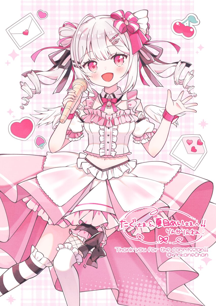 1girl absurdres angel_wings black_ribbon blush bow bowtie cherry_print collar commission envelope food_print frilled_shirt frills fruit_print hair_ornament hair_ribbon hairclip heart highres holding holding_microphone long_hair long_skirt looking_at_viewer microphone open_mouth original over-kneehighs pink_bow pink_bowtie pink_eyes pink_ribbon pink_shirt pink_skirt pink_theme puffy_sleeves ribbon rinkanechan shirt short_sleeves skeb_commission skirt smile solo standing strawberry_print thighhighs twintails waving white_hair wings