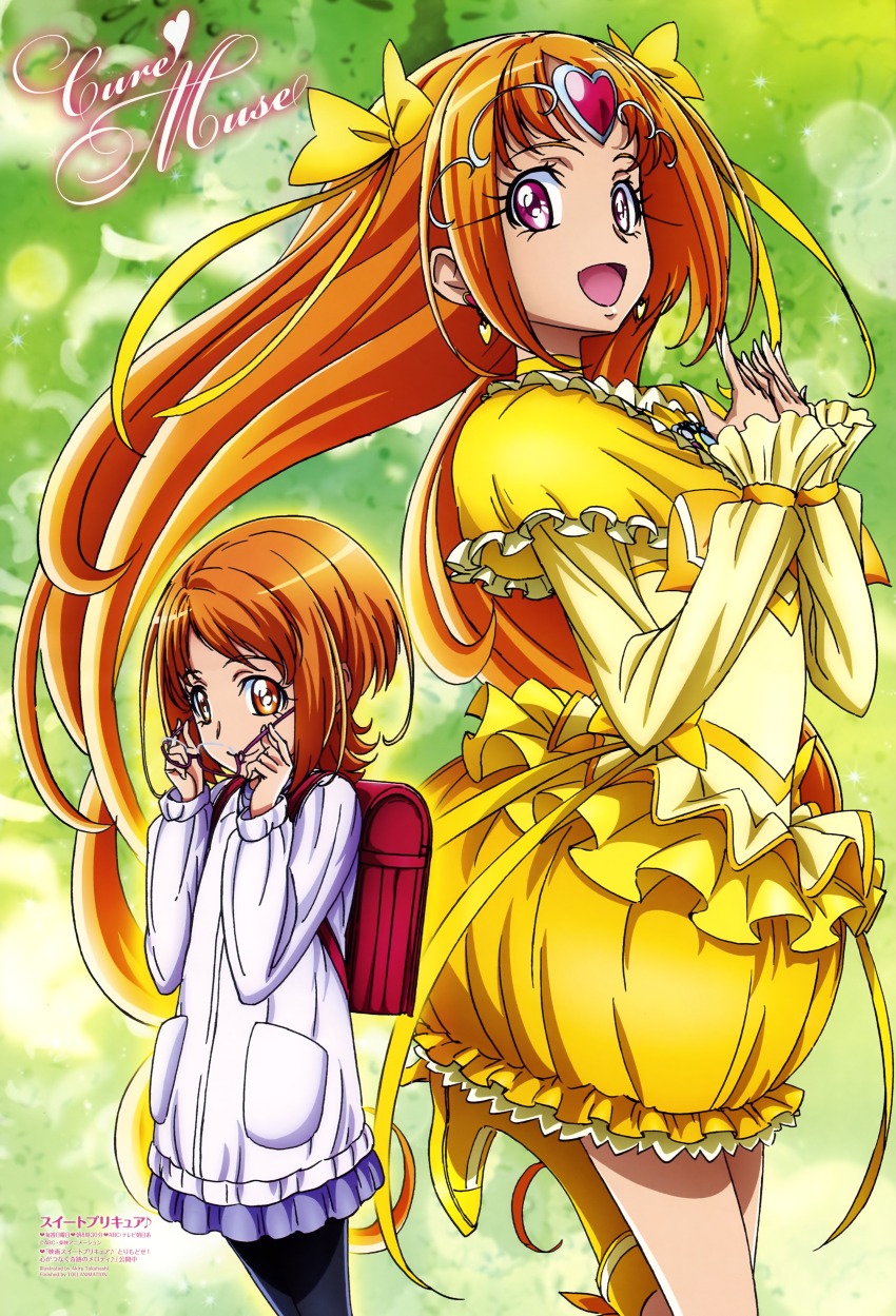 2girls absurdres animage backpack bag black_pantyhose boots bow brown_eyes bubble_skirt character_name choker circlet copyright_name cure_muse_(yellow) dual_persona earrings eyelashes frills glasses green_background happy heart highres jewelry logo long_hair magazine_scan magical_girl multiple_girls official_art orange_hair pantyhose pink_eyes precure randoseru scan shirabe_ako short_hair skirt suite_precure sweater takahashi_akira yellow_bow yellow_choker yellow_skirt