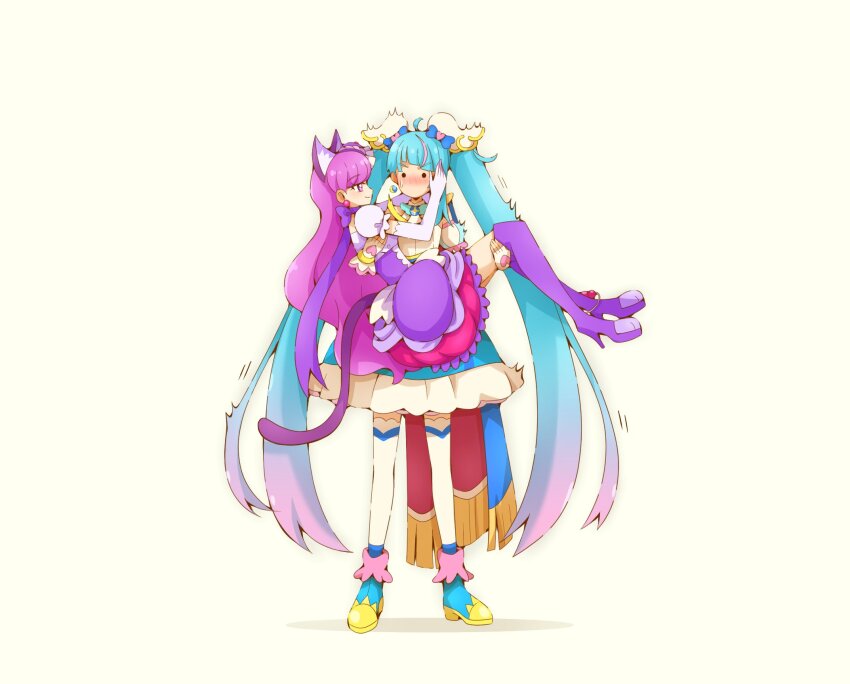 2girls animal_ear_fluff animal_ears ankle_boots back_ribbon blue_boots blue_cape blue_dress blue_hair blush boots bow brooch bubble_skirt cape carrying carrying_person cat_ears cat_girl cat_tail choker cure_macaron cure_sky detached_sleeves dress earrings elbow_gloves fingerless_gloves frilled_dress frills full_body gloves gradient_hair hair_bow hair_ornament heart heart_brooch high_heel_boots high_heels highres hirogaru_sky!_precure in-franchise_crossover jewelry kirakira_precure_a_la_mode kotozume_yukari long_hair looking_at_another magical_girl multicolored_hair multiple_girls o_o pink_hair precure princess_carry puffy_short_sleeves puffy_sleeves purple_boots purple_dress purple_eyes ribbon_choker short_sleeves simple_background skirt sora_harewataru standing stud_earrings tail thigh_boots thighhighs twintails very_long_hair white_background white_gloves white_thighhighs wing_hair_ornament yuu13