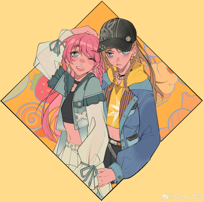 2girls absurdres arm_up bang_dream! bang_dream!_it&#039;s_mygo!!!!! black_skirt blue_jacket breasts brown-framed_eyewear cang_(akaga204) chihaya_anon chinese_commentary commentary_request ear_piercing earrings fang grey-framed_eyewear highres horns jacket jewelry long_hair looking_at_viewer midriff multiple_girls nagasaki_soyo navel one_eye_closed open_mouth piercing pink_hair sideboob skirt teeth upper_teeth_only watermark weibo_watermark yellow_horns