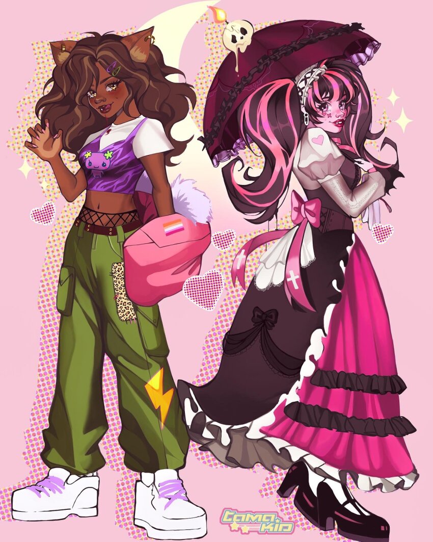 2girls animal_ears black_hair blood bow brown_hair cameo clawdeen_wolf claws colored_skin commentary crop_top dark-skinned_female dark_skin draculaura dress fangs flowertchi freckles frilled_dress frills full_body gothic_lolita highres holding holding_umbrella juliet_sleeves lesbian_flag licking_lips lolita_fashion long_hair long_sleeves looking_at_viewer mary_janes midriff monster_girl monster_high monster_high_(g1) multicolored_hair multiple_girls navel pants parasol pink_eyes pink_skin pointy_ears puffy_sleeves purple_tank_top ribbon shirt shoes smile sneakers standing streaked_hair symbol-only_commentary tamagotchi tamakid tank_top tongue tongue_out twintails umbrella vampire werewolf white_shirt wolf_ears wolf_girl yellow_eyes