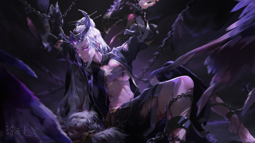 1girl absurdres arms_up barefoot blood blood_from_mouth breasts chain chained chinese_commentary commentary_request cuffs earrings fake_horns glowing glowing_eyes hair_bun hair_ornament hair_stick highres horned_headwear horned_tiara horns injury jewelry large_breasts miao_ying navel purple_eyes restrained sarashi shackles solo tiara torn_clothes total_war total_war:_warhammer total_war:_warhammer_3 tuweibu warhammer_fantasy white_hair