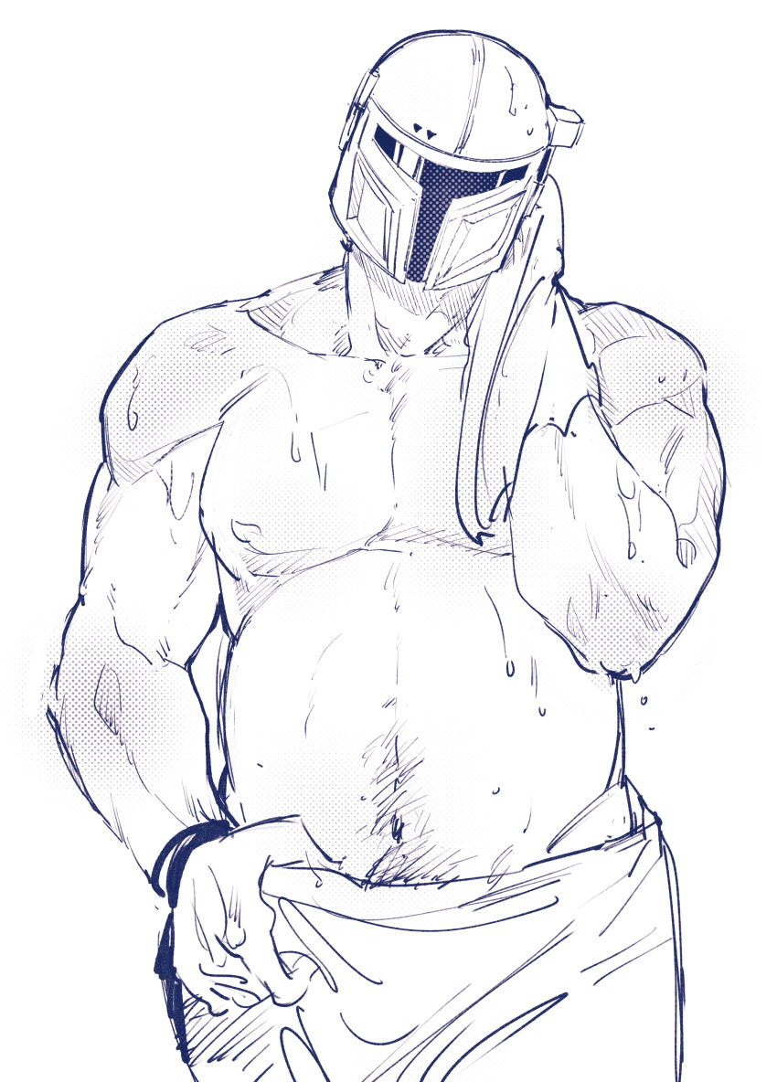 1boy 6cheetah absurdres arm_up bara bare_shoulders boba_fett chest_hair cowboy_shot greyscale groin hand_on_own_hip head_tilt helmet highres holding holding_towel male_focus monochrome navel pectorals simple_background sketch solo star_wars straight-on topless_male towel wet white_background wiping_face