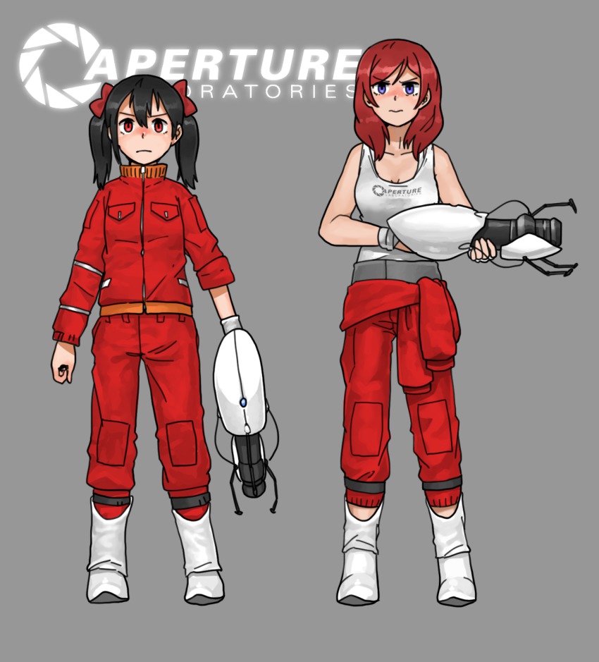 2girls anyan_(jooho) aperture_science_handheld_portal_device black_hair boots chell chell_(cosplay) clothes_around_waist cosplay crossover expressionless frown grey_background gun highres jacket jacket_around_waist jumpsuit long_hair looking_ahead love_live! love_live!_school_idol_project multiple_girls nishikino_maki portal portal_(series) portal_1 portal_2 purple_eyes red_eyes red_hair short_hair tank_top twintails weapon yazawa_nico