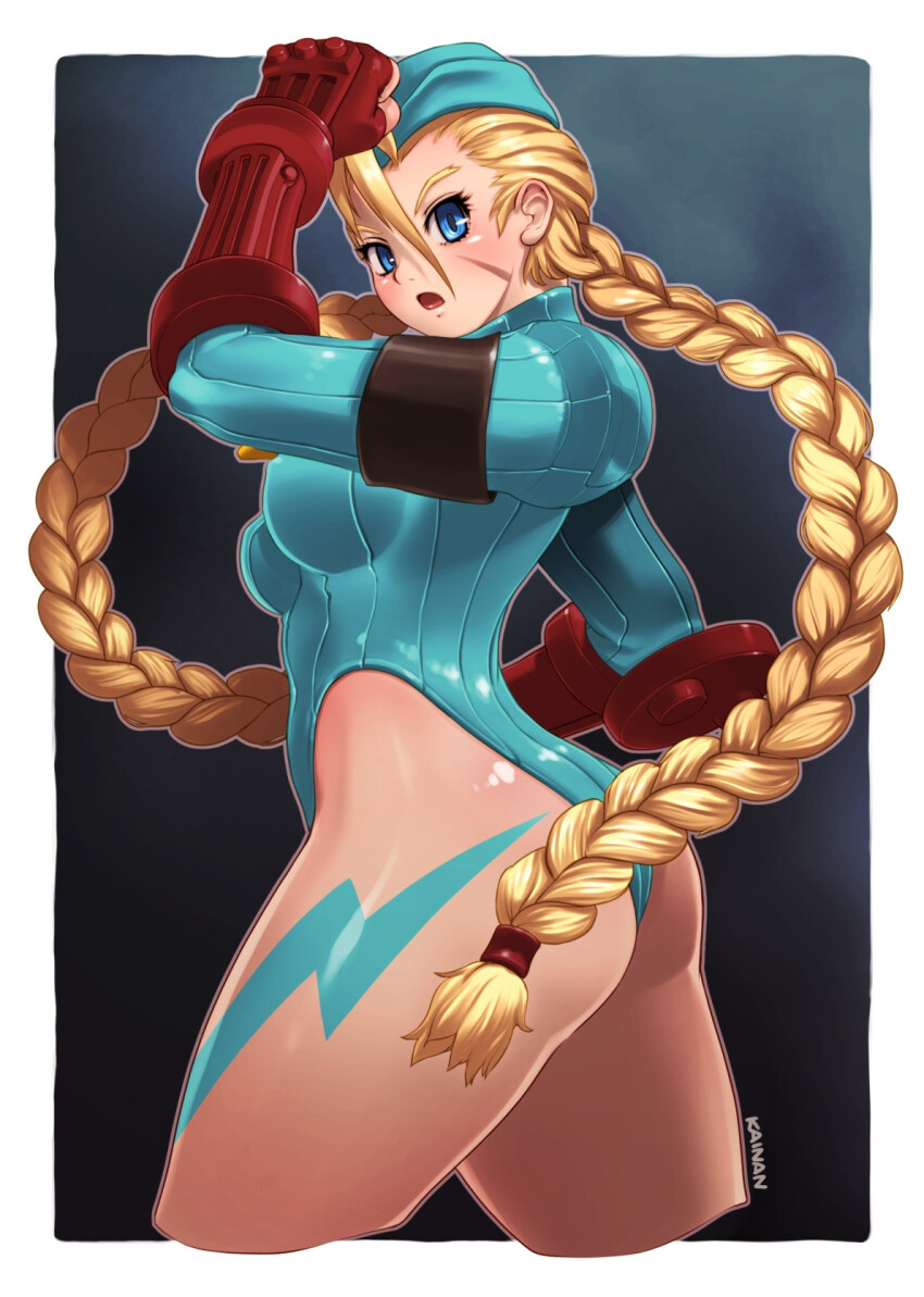 1girl :o ass blonde_hair blue_eyes breasts cammy_white fingerless_gloves from_behind gloves highres kainanp leotard long_hair long_sleeves medium_breasts scar scar_on_face street_fighter street_fighter_zero_(series) thong_leotard very_long_hair